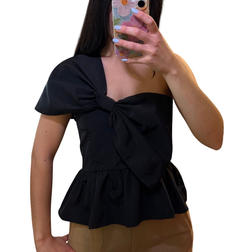 Express Top Womens S Black One Shoulder Bow Peplum Smocked Back Statement Blouse
